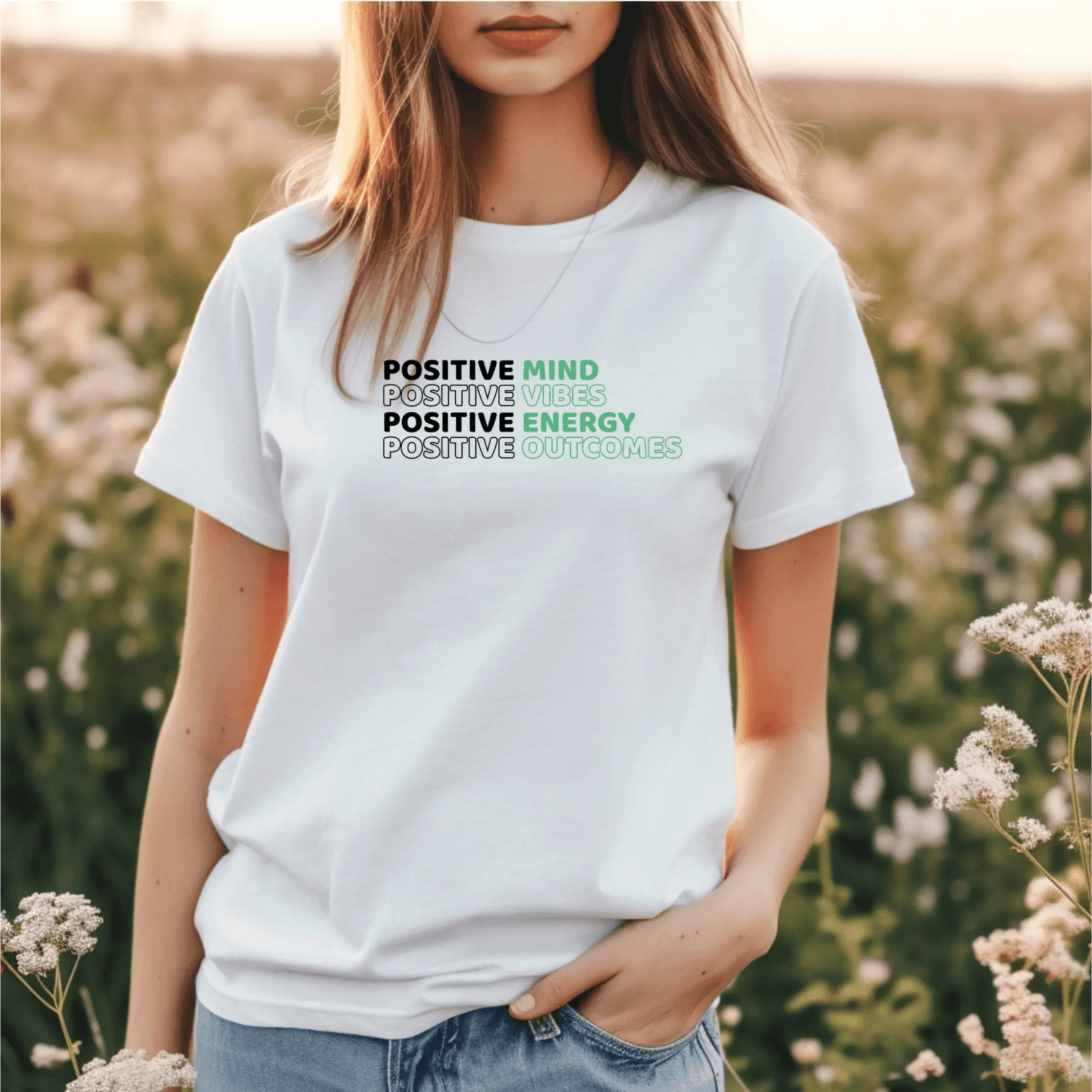 Positive mind, Vibes, Energy, Outcomes - T-Shirt  - Arsashi